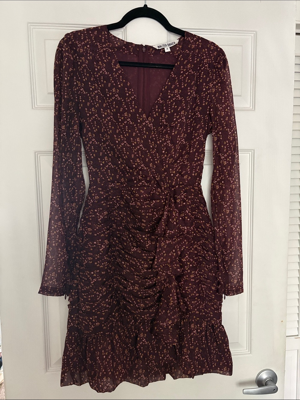 Walter Baker Maroon Floral Long-Sleeve Wrap-Style Dress Size 4